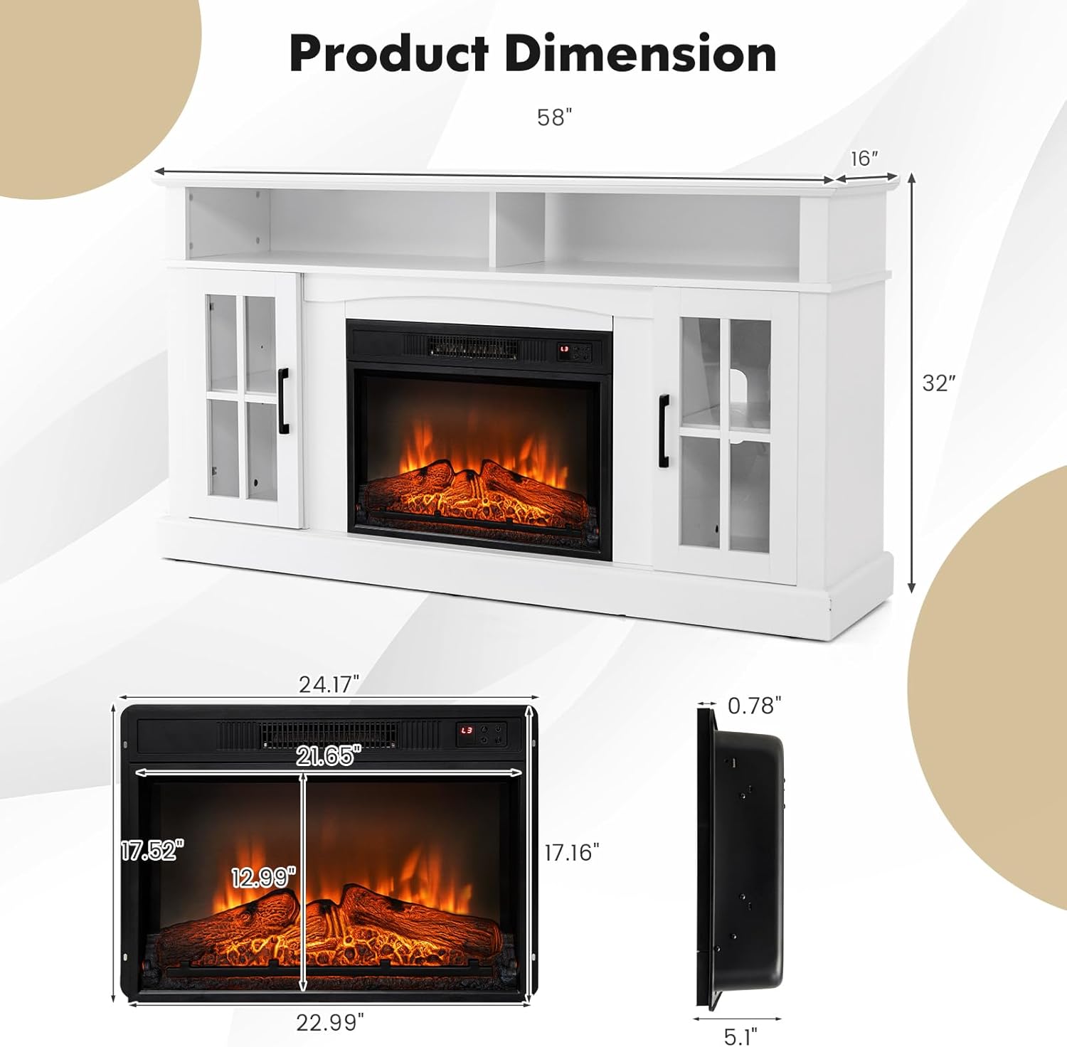 COSTWAY Electric Fireplace TV Stand for TVs Up to 65 Inches, 1400W Heater Insert with Remote Control, 6H Timer, 3-Level Flame, Overheat Protection and CSA Certification, Adjustable Shelves, White