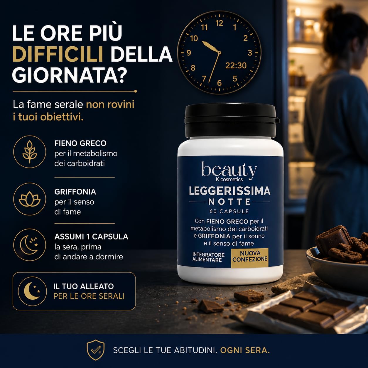 Leggerissima Notte Integratore Alimentare Notturno in Capsule, 180 Capsule | Supporto al Controllo del Peso, Benessere Notturno, Con Griffonia, Fieno Greco e Mate