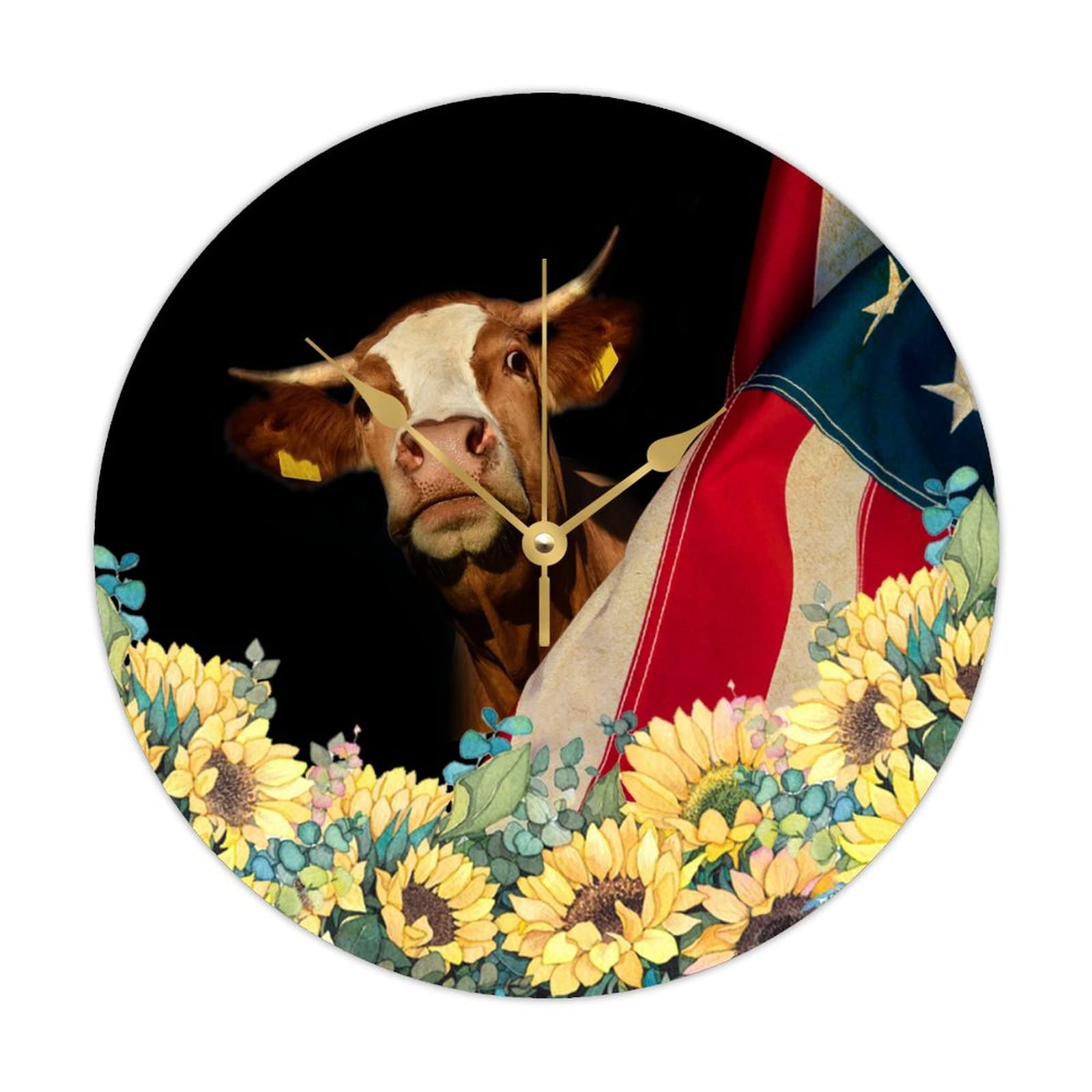 Horloge murale en bois 38 cm drapeau américain et tournesol rétro
