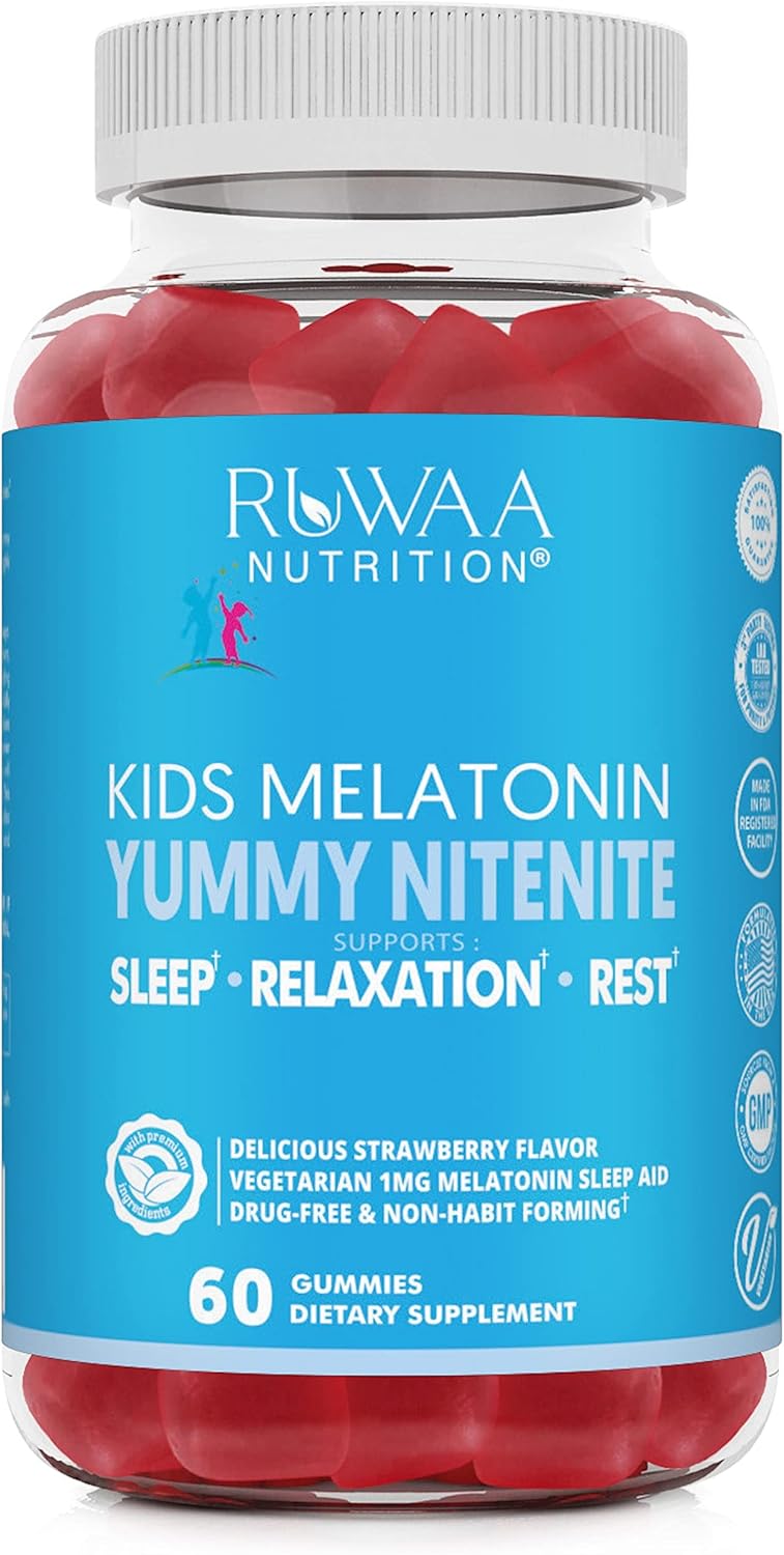 RUWAA NUTRITION Melatonin Kid Gummies. Chewable, Safe, Drug-Free & Effective Children's Sleep Aid & Teens. 1mg Melatonin Gummy, Gluten-Free Vegetarian Restful Sleep Supplement for Ages 4+. 60ct (1)