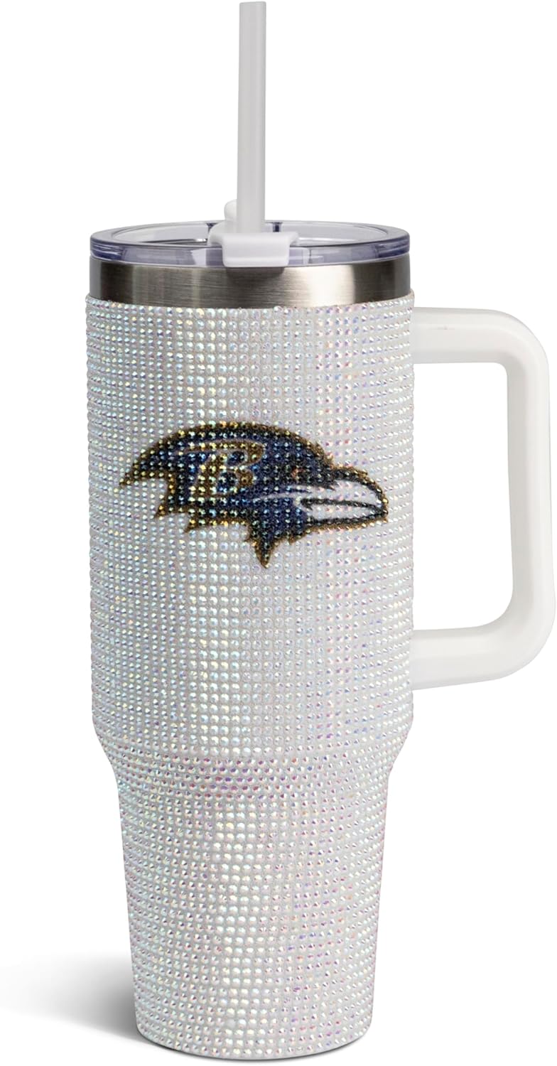 The Memory Company Officially Licensed NFL 40oz Stainless Steel Tumbler - Double Wall Insulated Travel Cup with Handle and Straw Lid - Crystal Rhinestone Design
