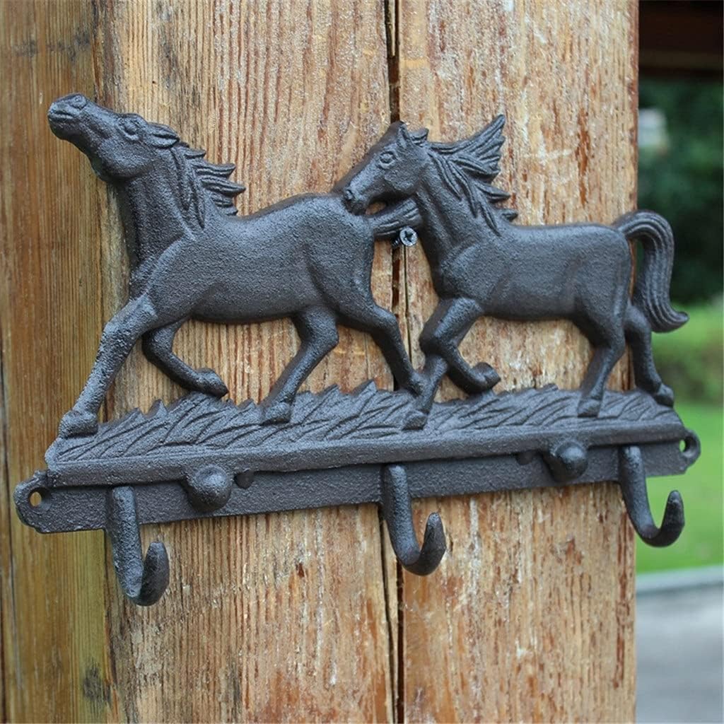 Black Two Running Horses Cast Iron Wall Hook with Three Hangers Home Garden Wall Decor Metal Animal Figurine Wall Hook