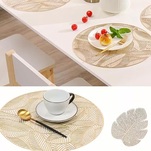 Miniatura 4 de Juego de 6 manteles individuales, manteles individuales redondos para mesa de comedor y posavasos en forma de hoja, manteles de vinilo prensado