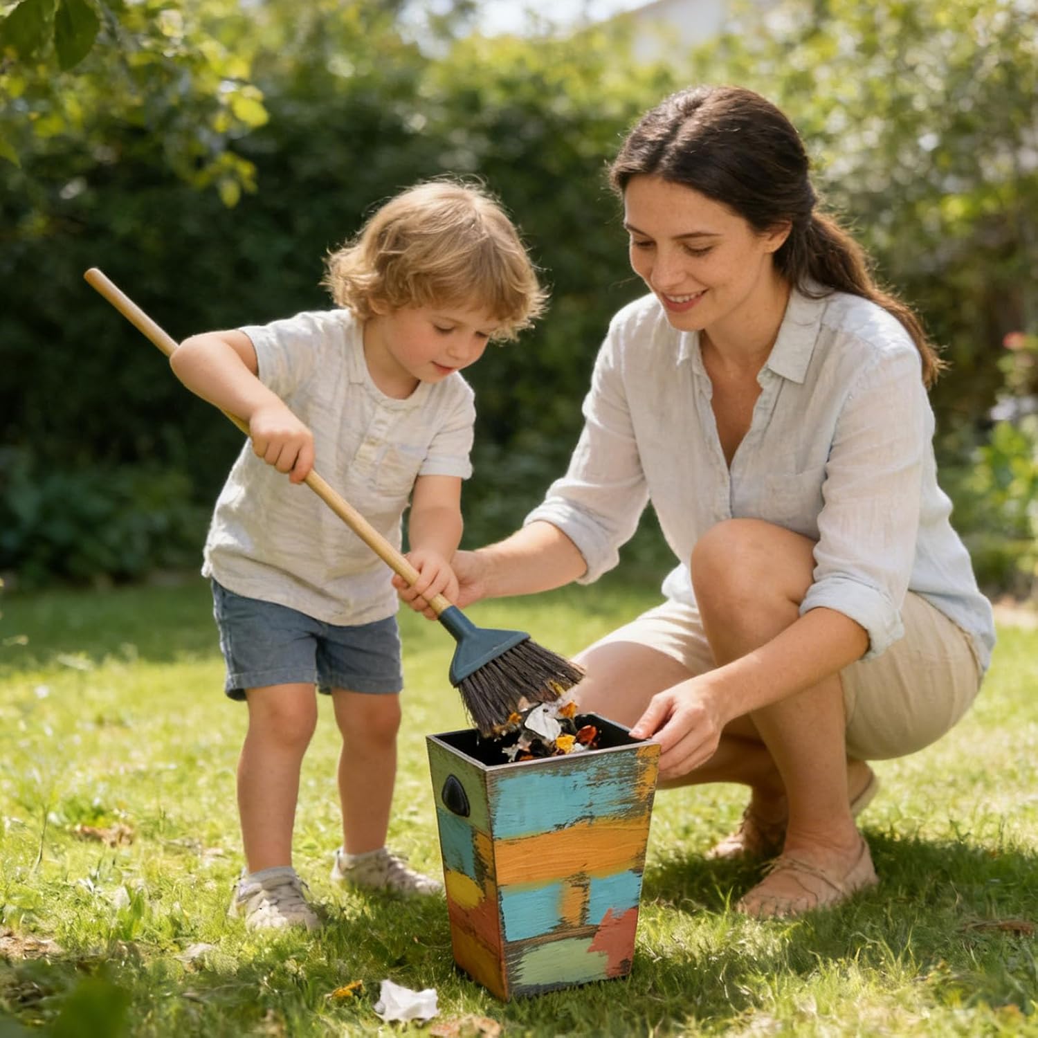 2 Pack Wood Trash Can, 1.5/2.5 Gallon Vintage Garbage Can, Multi-Color Rectangular Waste Basket with Rustic Metal Handle, Small Wooden Wastebasket Holder for Farmhouse, Office Bedroom Kitchen