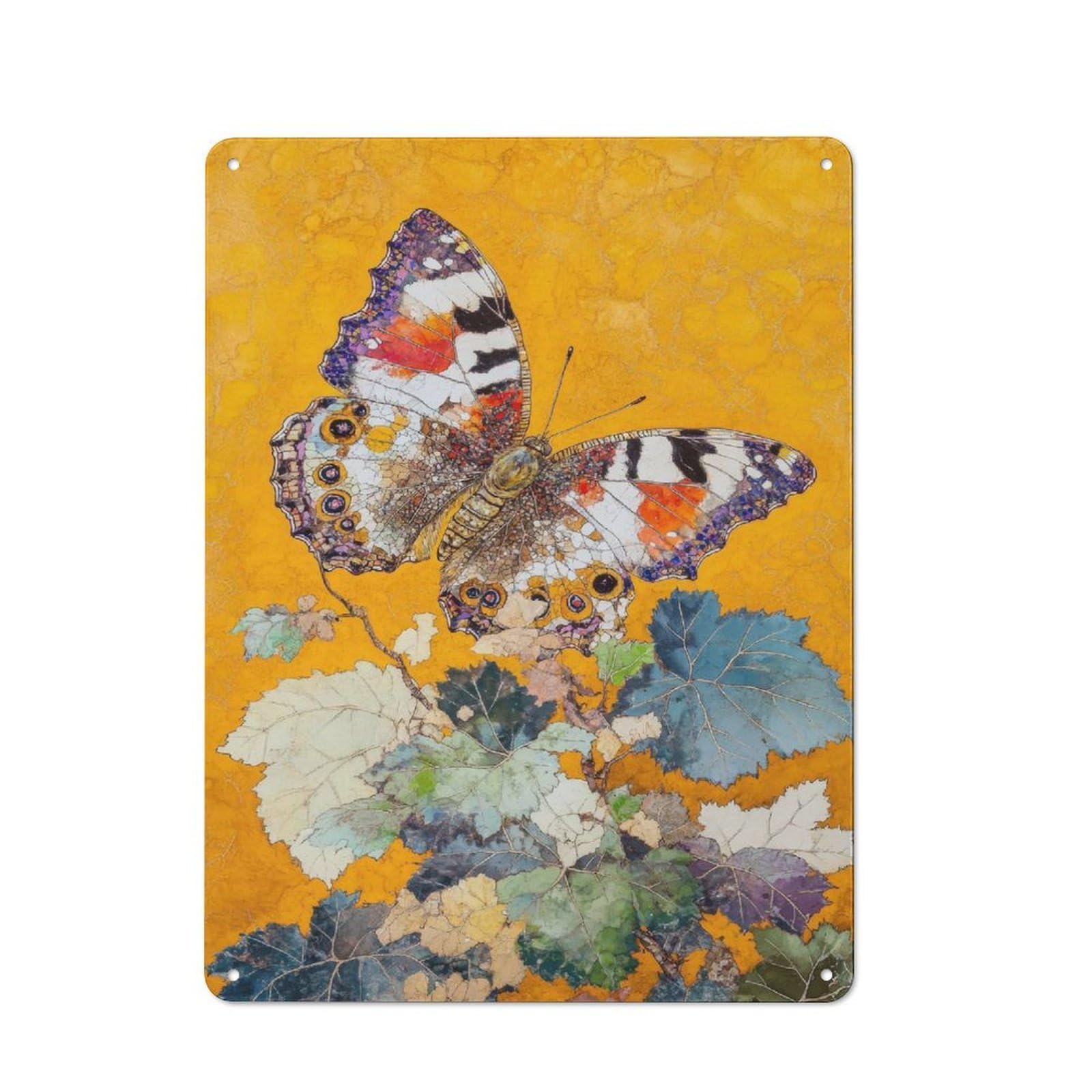 Junmoney Style-3 Tin Wall Plaque 40X30cm With Butterfly On Leaves Painting For Hobby Room Or Studio, For Themed Interiors In Hobby Rooms And Studios