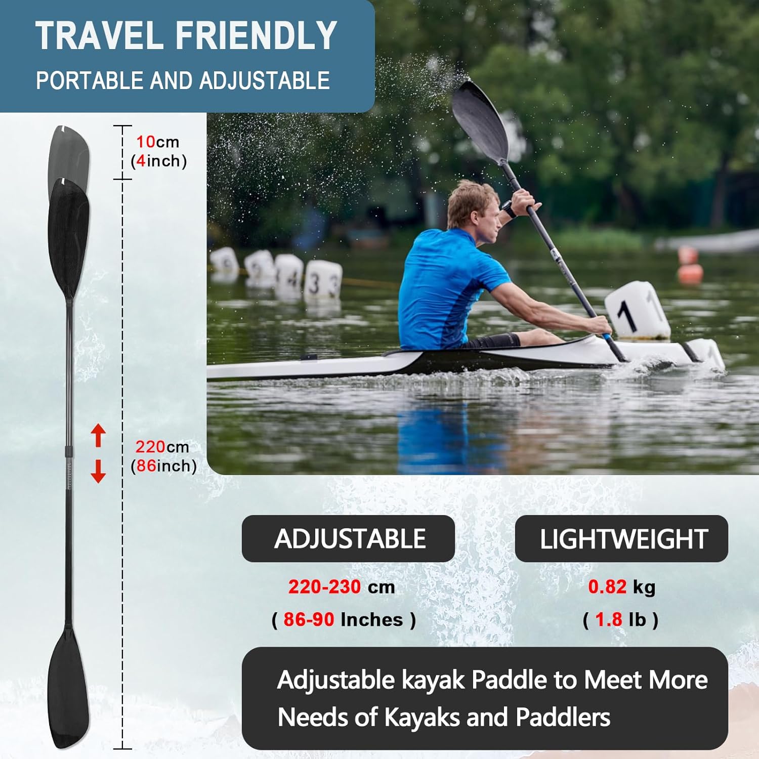Full Carbon Fiber Kayak Paddle with Wing Paddle Blade, 2-Piece, Floating Adjustable Kayak Paddles with Paddle Bag, 220-230 cm/86-90 Inches