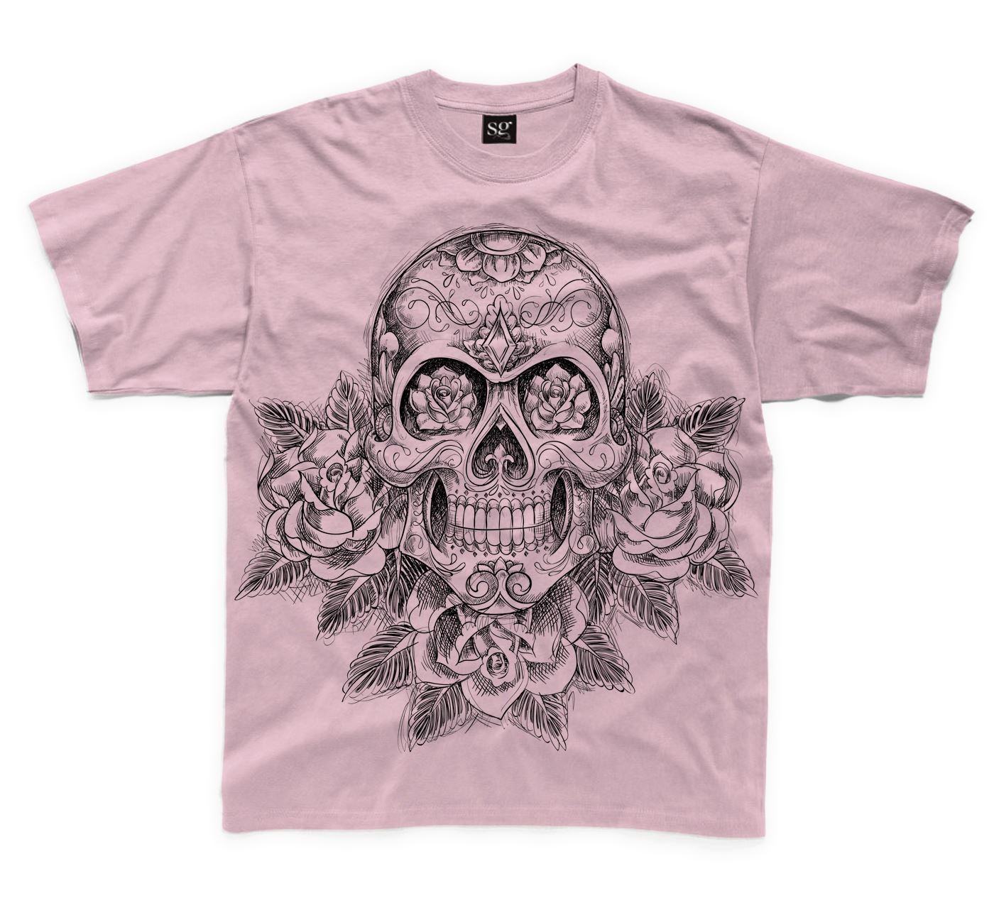 Skull and Roses Tattoo Large Print Kids Children's T-Shirt (11 to 12, Pink)