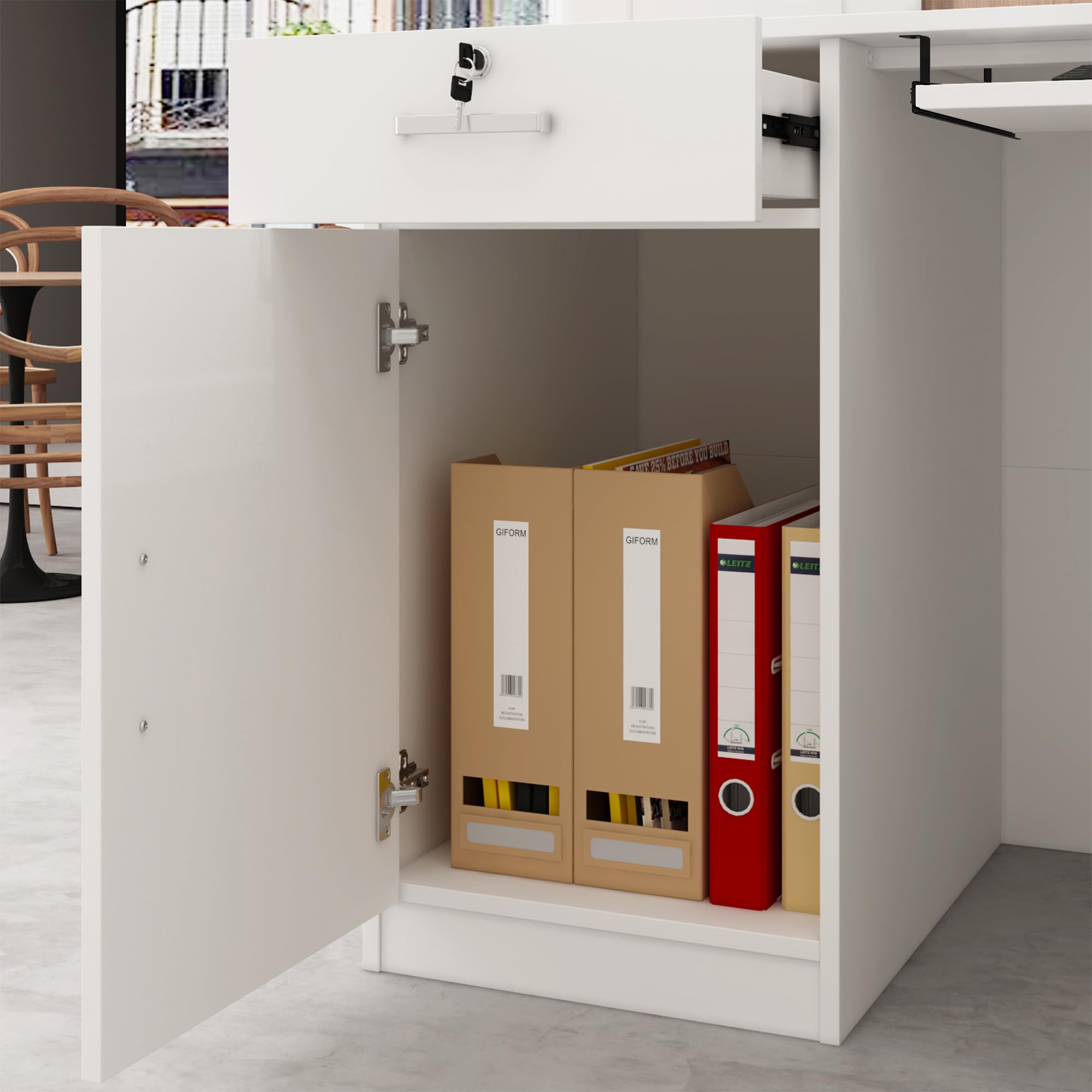 Empfangstheke, Empfangstresen, Rezeptionstisch, Rezeptionstheke mit 1 Schubladen und 1 Schrank, Empfangstheken, Rezeptionstheken mit Tastaturschublade, Bürotheke, MDF, 140 x 100 x 110 cm