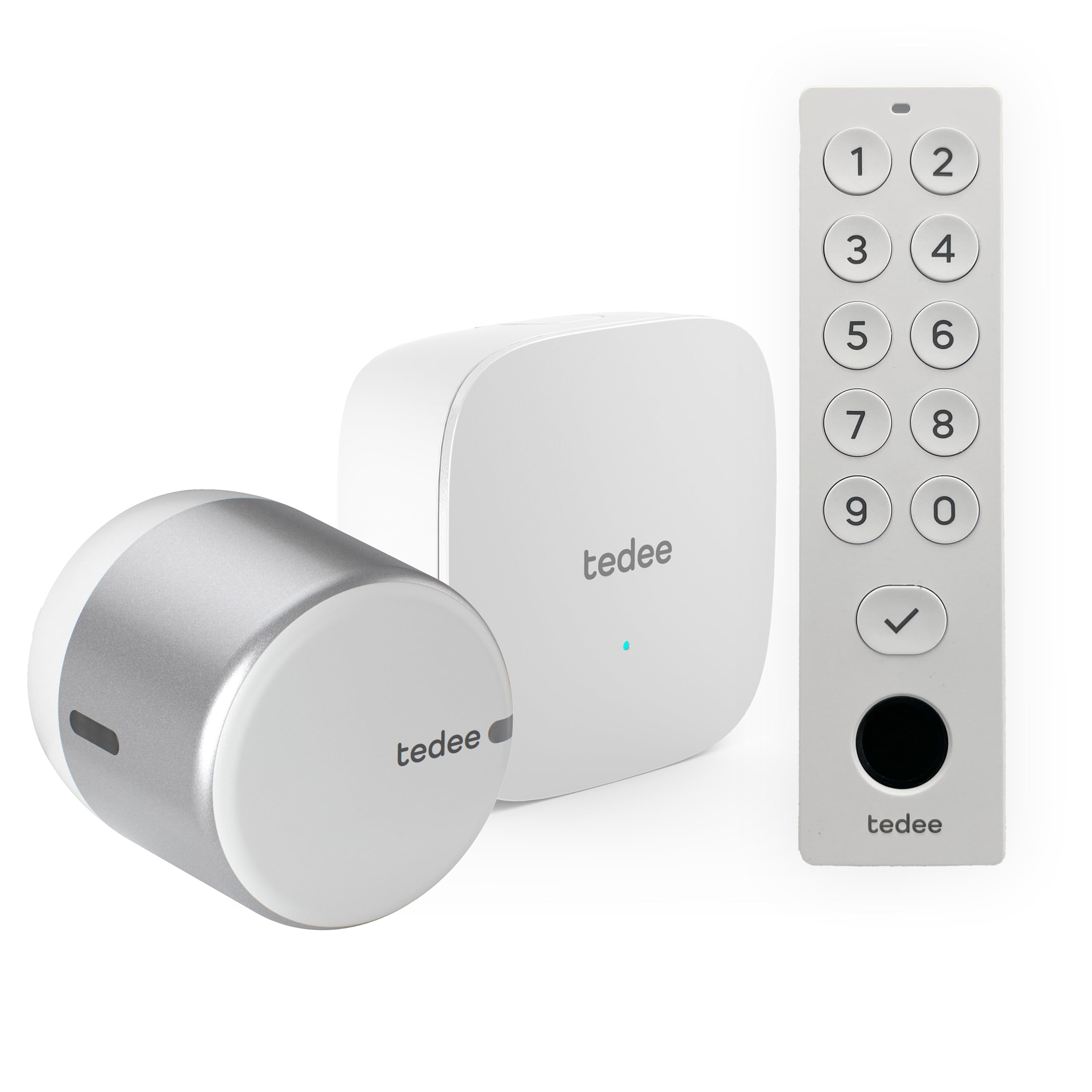tedee Lock GO 2 Aluminium Set |smartes Türschloss Silber | WLAN-Bridge | biometrisches Tastenfeld Weiß | Smart Home iOS, Android | Bluetooth | PIN + Fingerprint | keine Installationshardware