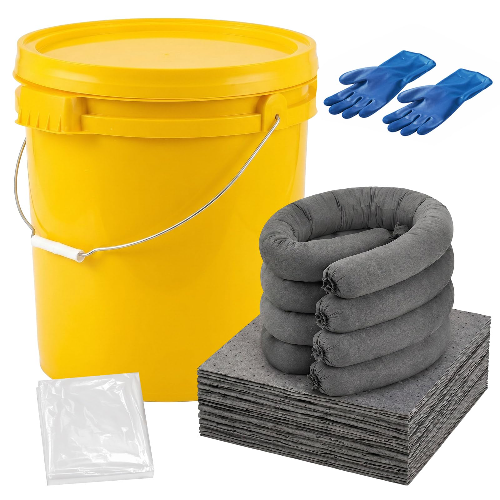 DoubleFill Kit universal de derrames portátil completo de 9 galones, incluye cubo amarillo, 30 almohadillas absorbentes, 4 calcetines absorbentes de 3 x 4 pies, 5 bolsas de desecho, guantes de PVC