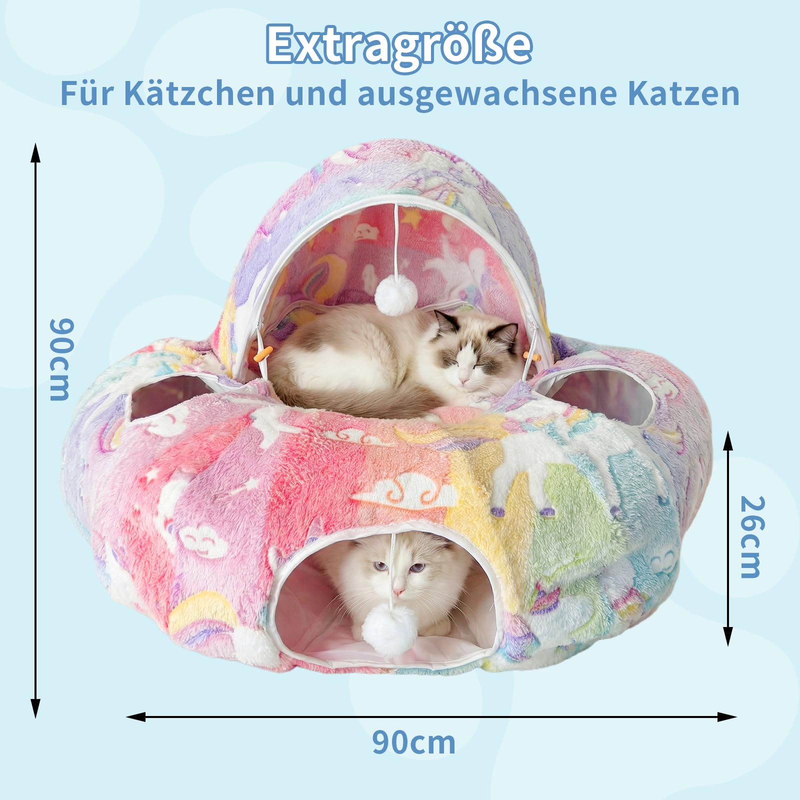Katzenbett mit Leuchtfunktion, XXL Plüsch Katzentunnel mit Ball, Große Rascheltunnel Katzenhöhle Katzenspielzeug für Katzen Kaninchenoder Welpen