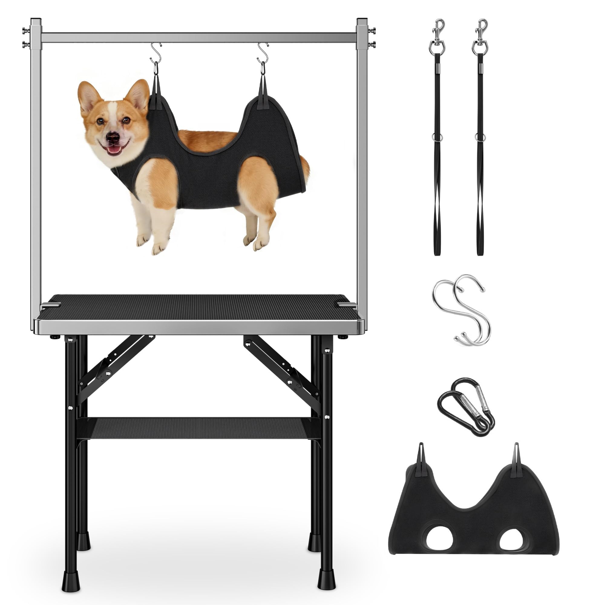 Dog Grooming Table with Arm, Hammock & Nooses, 30" H Foldable Heavy Duty Pet Grooming Station, 35.5" L×23.6" W Non-Slip Waterproof Tabletop, 33.5" Height Adjustable Stainless H-Frame Arm