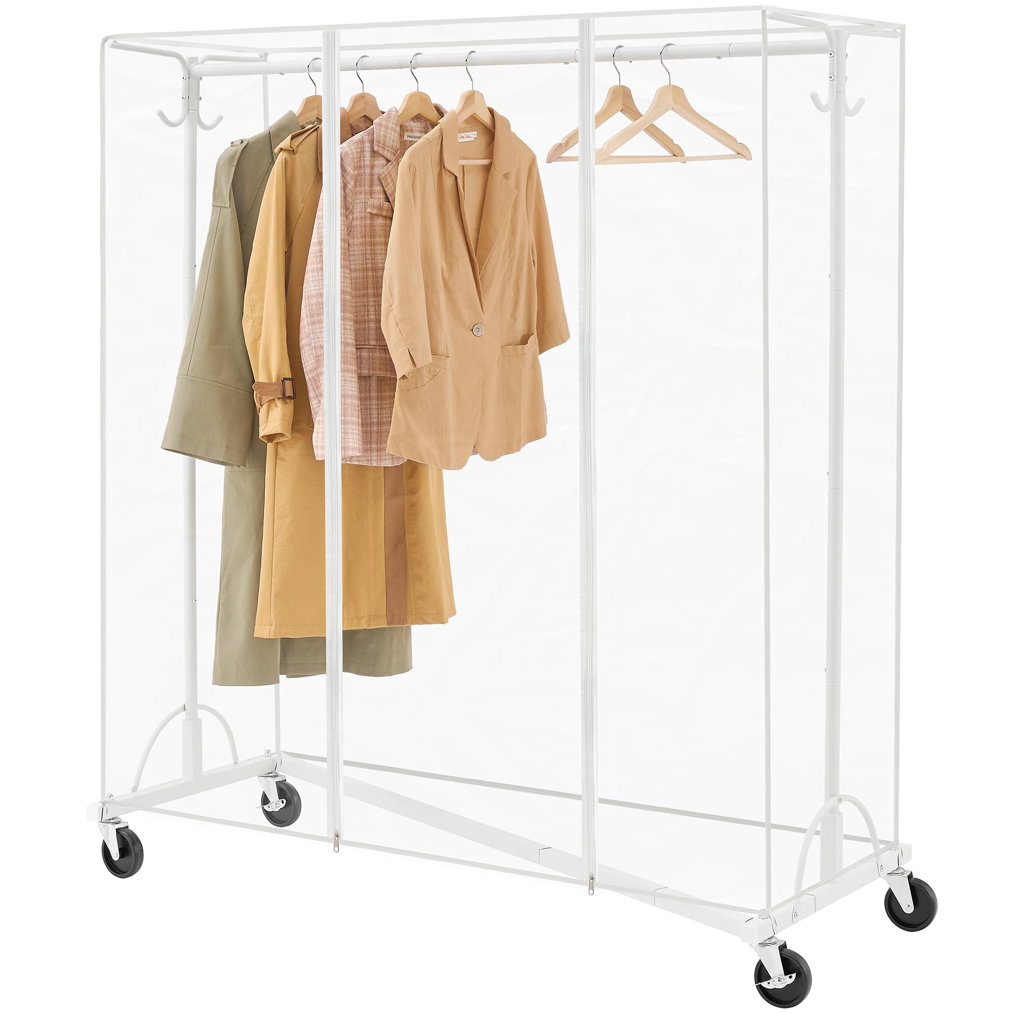 Hoctieon Z Clothes Rack with Cover, Dustproof Clothes Rack with 2 Durable Zippers, Rolling Clothes Rack Heavy Duty, Metal Clothing Racks for Hanging Clothes, Clothing Waterproof Protector, White