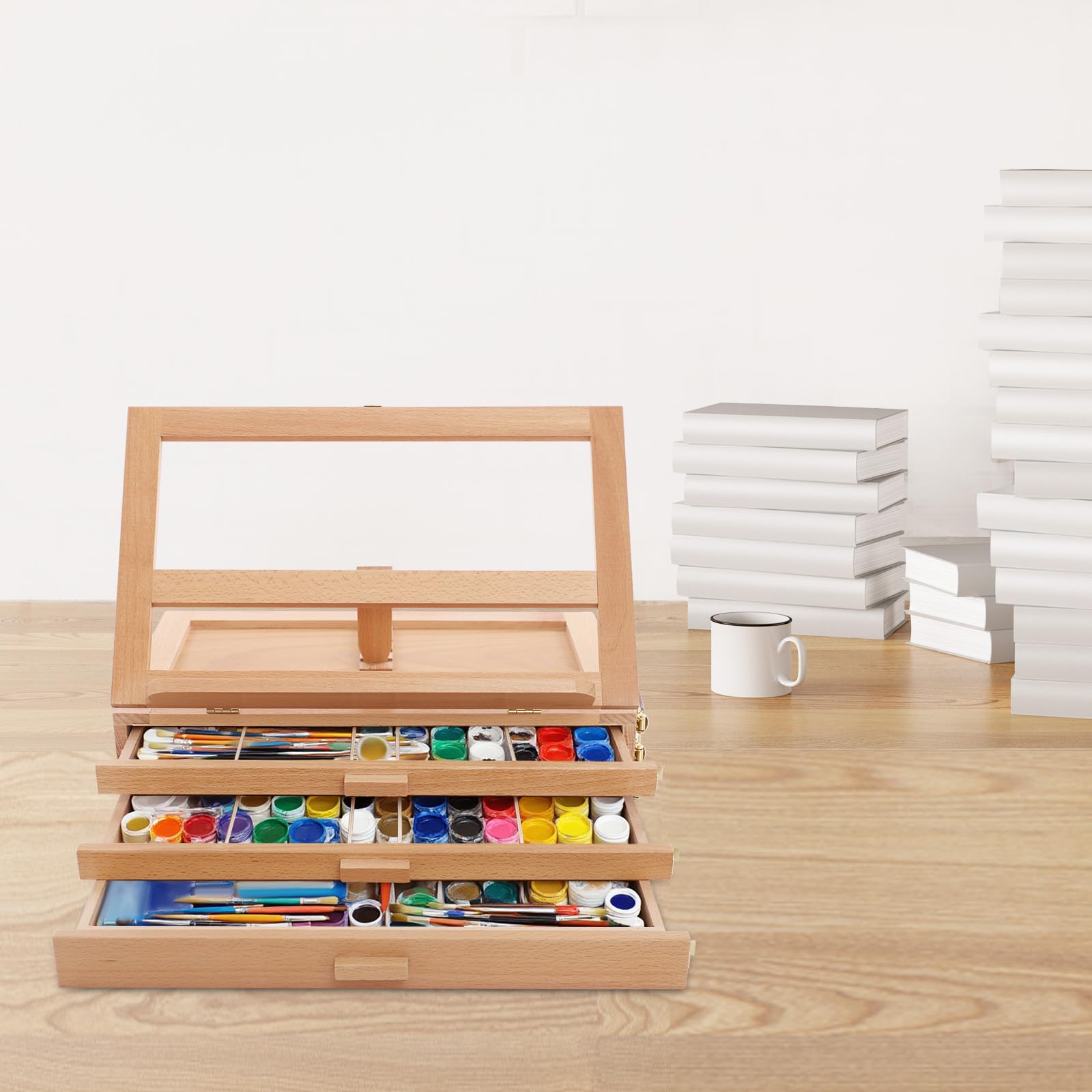 Caballete de mesa con 3 cajones, caballete ajustable de madera de haya, caballete portátil para maleta para pintar y dibujar