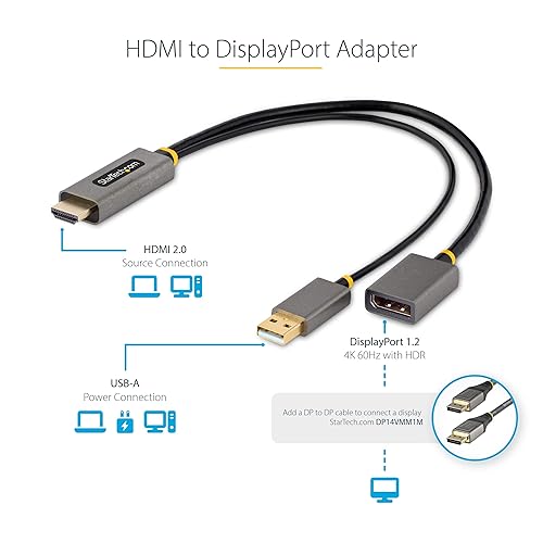Miniatura 3 de StarTech.com Cable adaptador HDMI a DisplayPort de 1 pie (11.8 in), convertidor HDMI 2.0 a DP 1.2 activo 4K 60Hz, HDR, alimentado por bus USB,