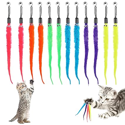 Cat Wand Toy Replacement Refill -12 Pcs Furry Tail Worm with Bell Interactive Cat Chaser Toys , Kittens Wand Refills Attachments