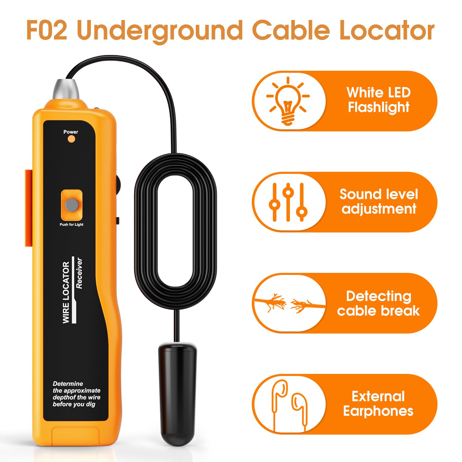 F02 Erdkabel-Suchgerät, Wire Tracer mit Kopfhörer für die Ortung von Drähten und Kabeln, Haustier Zaun Kabel Tester, bis zu 2-3 Meter Tiefe und 1000 Meter in der Länge