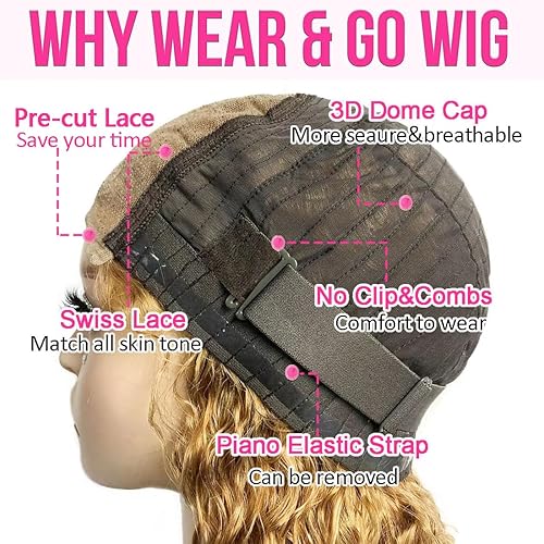 Miniatura 5 de Wear and Go - Pelucas de cabello humano sin pegamento, precortadas, rubio miel, onda profunda, encaje frontal, peluca rizada de densidad 200 con