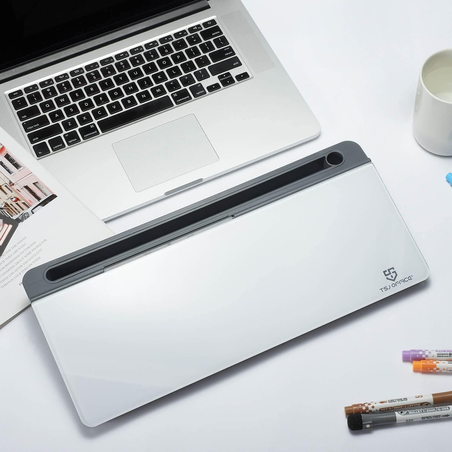 XBEY Small Glass Desktop Whiteboard Dry-Erase-Board -Computer Keyboard Stand White Board Surface Pad Office and School Accessories Supplies with Storage Caddy for Computer Keyboard Stand (Grey)