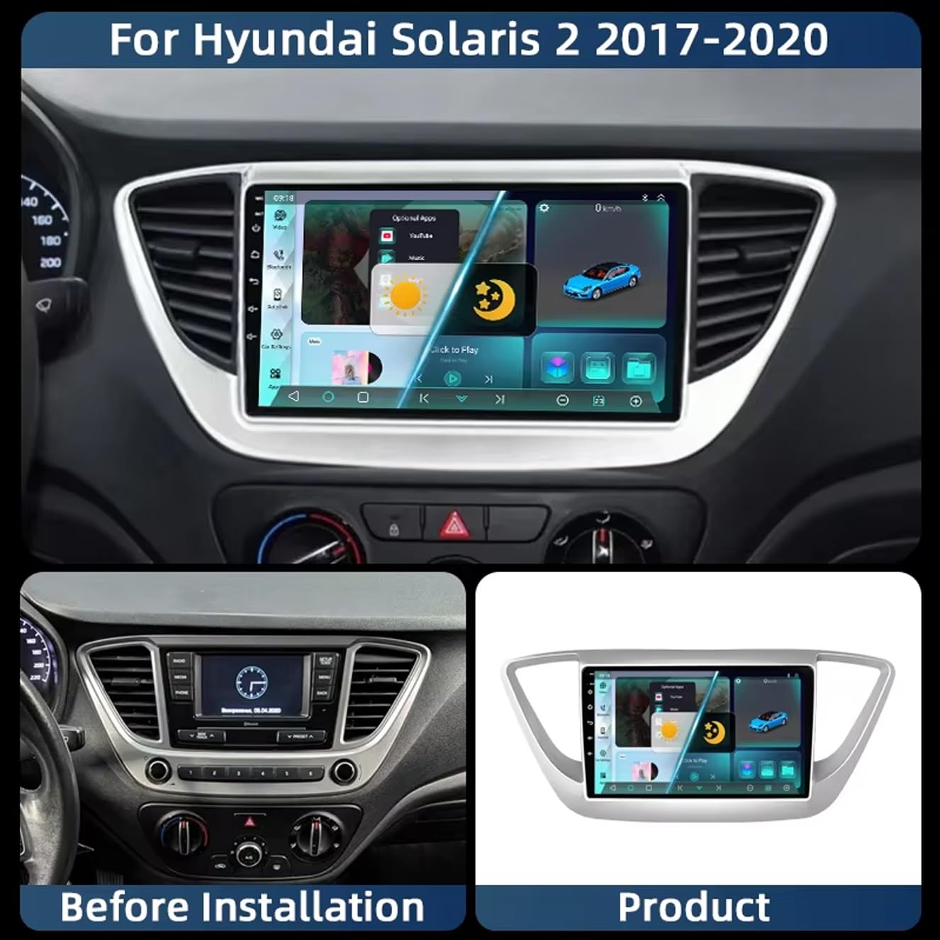 Ekran Carplay dla Hyundai Solaris 2 2017-2018 Przenośne Radio Samochodowe Z Ekranem Dotykowym Hd, Funkcją Mirror Link I Carplay;, 8 Rdzeń 4G+64G