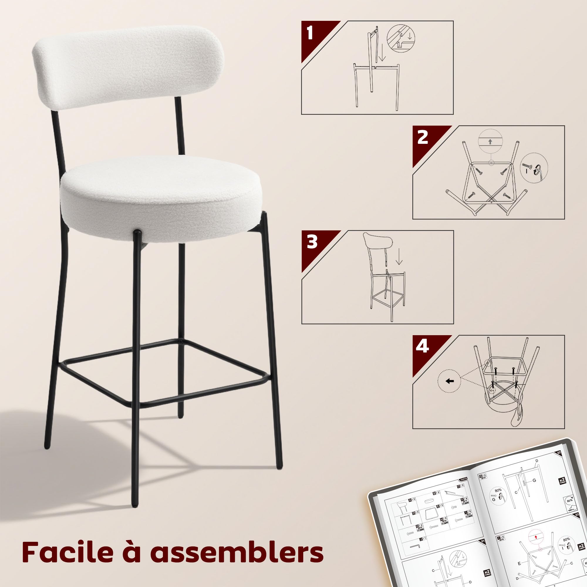 HOMCOM Lot de 2 Tabourets de Bar en Tissu Bouclette Assise 68H cm Crème | Chaises de Bar, Assise Large, Dossier Courbé, Repose-Pieds, Pieds en Acier, Chaises Hautes Cuisine, Salle à Manger, Comptoir