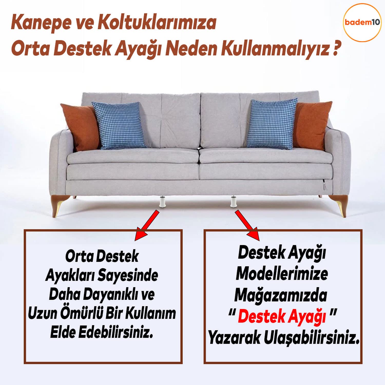Badem10 Mobilya Baza Metal Kanepe Koltuk Destek Ayağı M8 Civatalı İnce Diş Beyaz Metal Ayak 12 Cm (4 ADET)