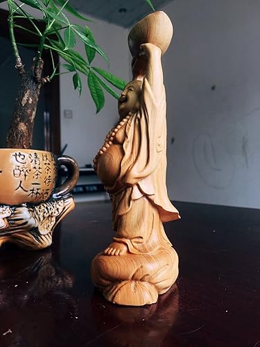 Miniatura 4 de Estatua de madera maciza de Feng Shui de Buda riendo sosteniendo lingote, figuras chinas de Buda feliz, riqueza suerte, decoración de oficina en