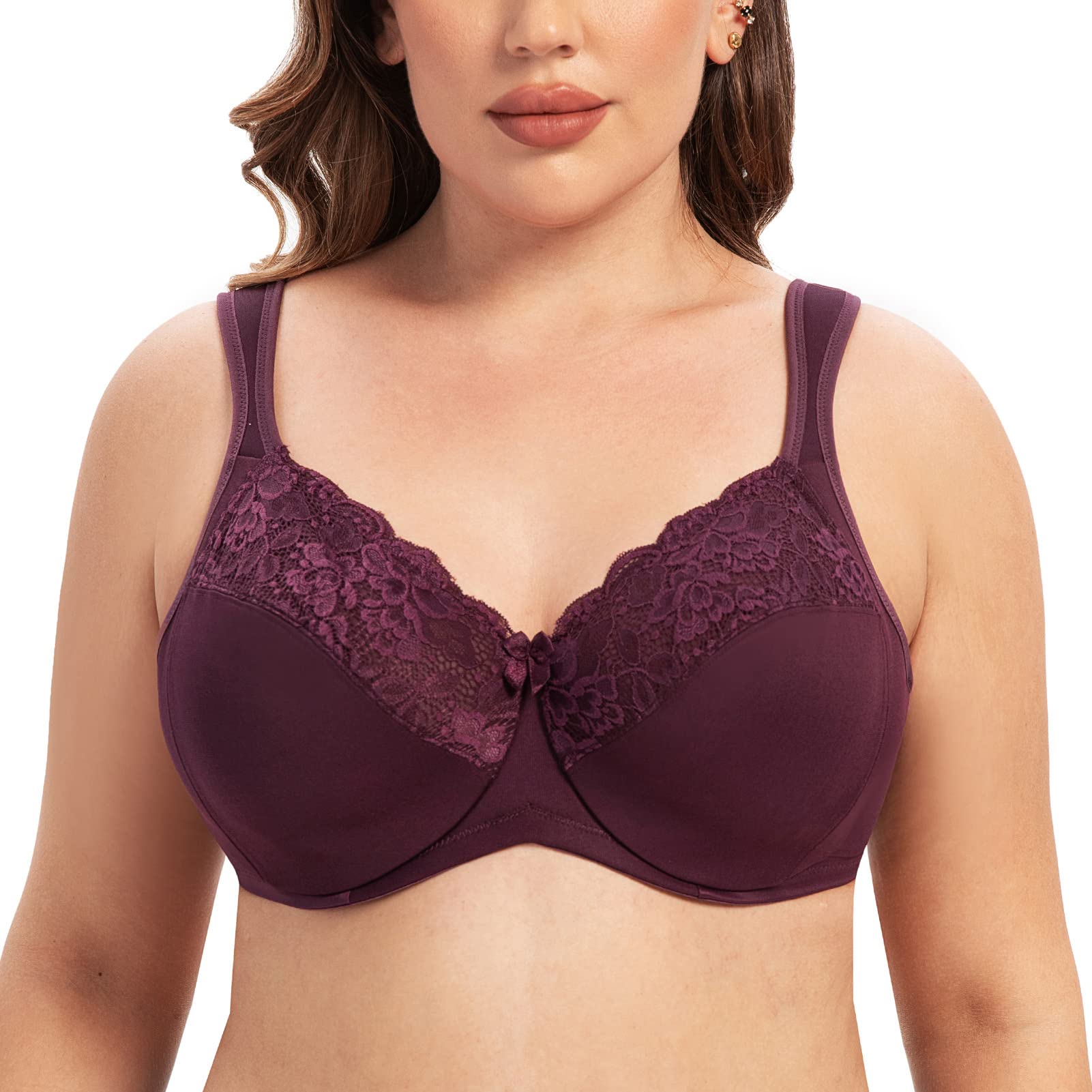 MELENECA Women's Minimizer Bra Full Coverage Plus Size Underwire Lace Comfort Cushion Strap Grape Wine 44F