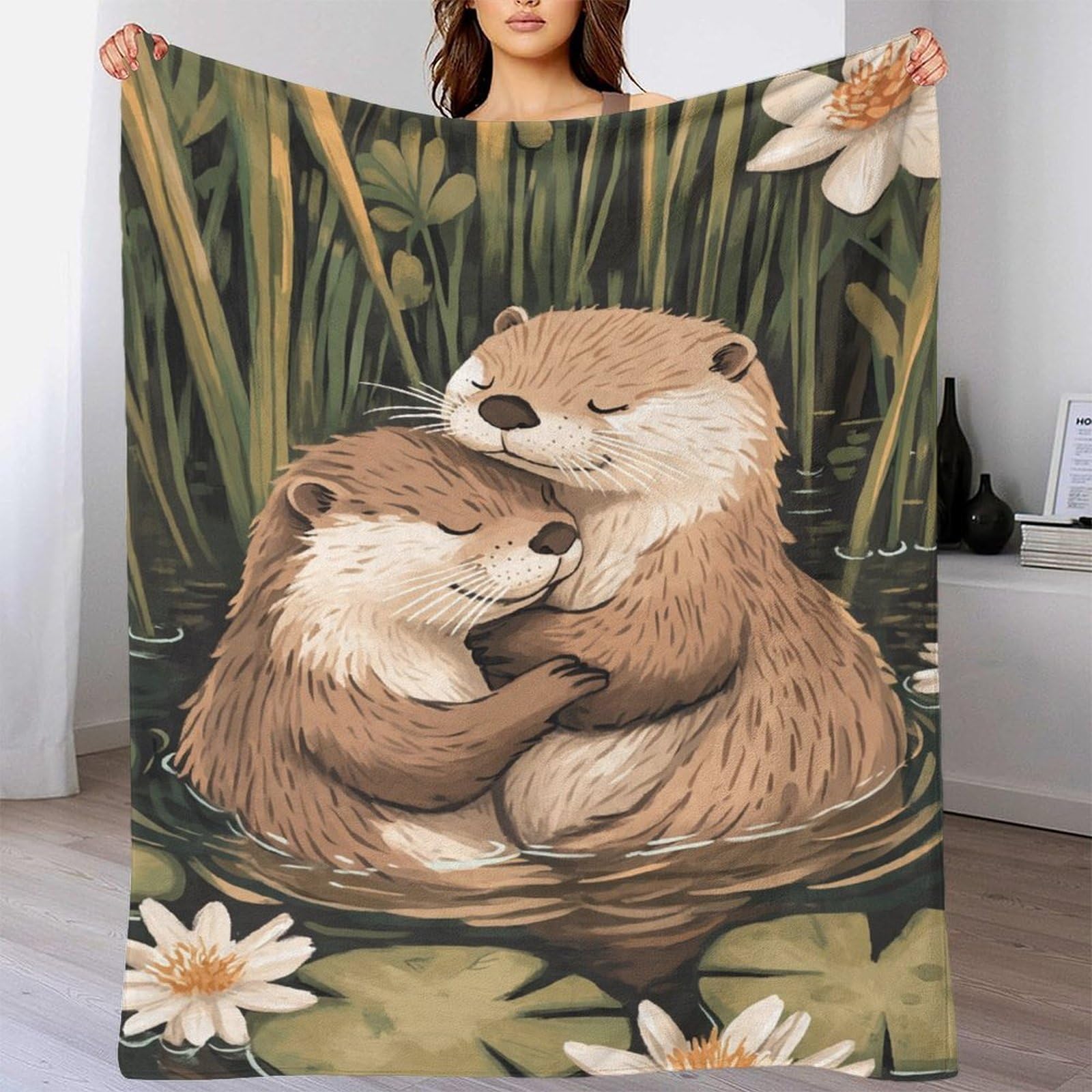 Couverture polaire loutres 180x200cm en flanelle douce automne hiver