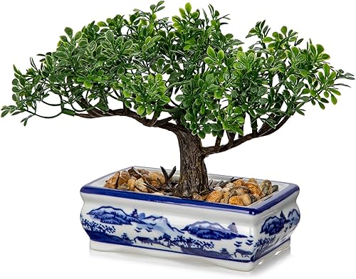 Árbol bonsái artificial con maceta de porcelana azul y blanca, bonsái falso para decoración de escritorio de oficina en casa, decoración oriental de