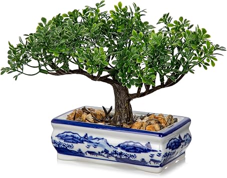 Artificial Bonsai Tree with Blue and White Porcelain Pot, Fake Bonsai for Home Office Desk Decor, Oriental Zen Tabletop Decoration, Faux Bonsai Plant for Living Room, Shelf & Gift