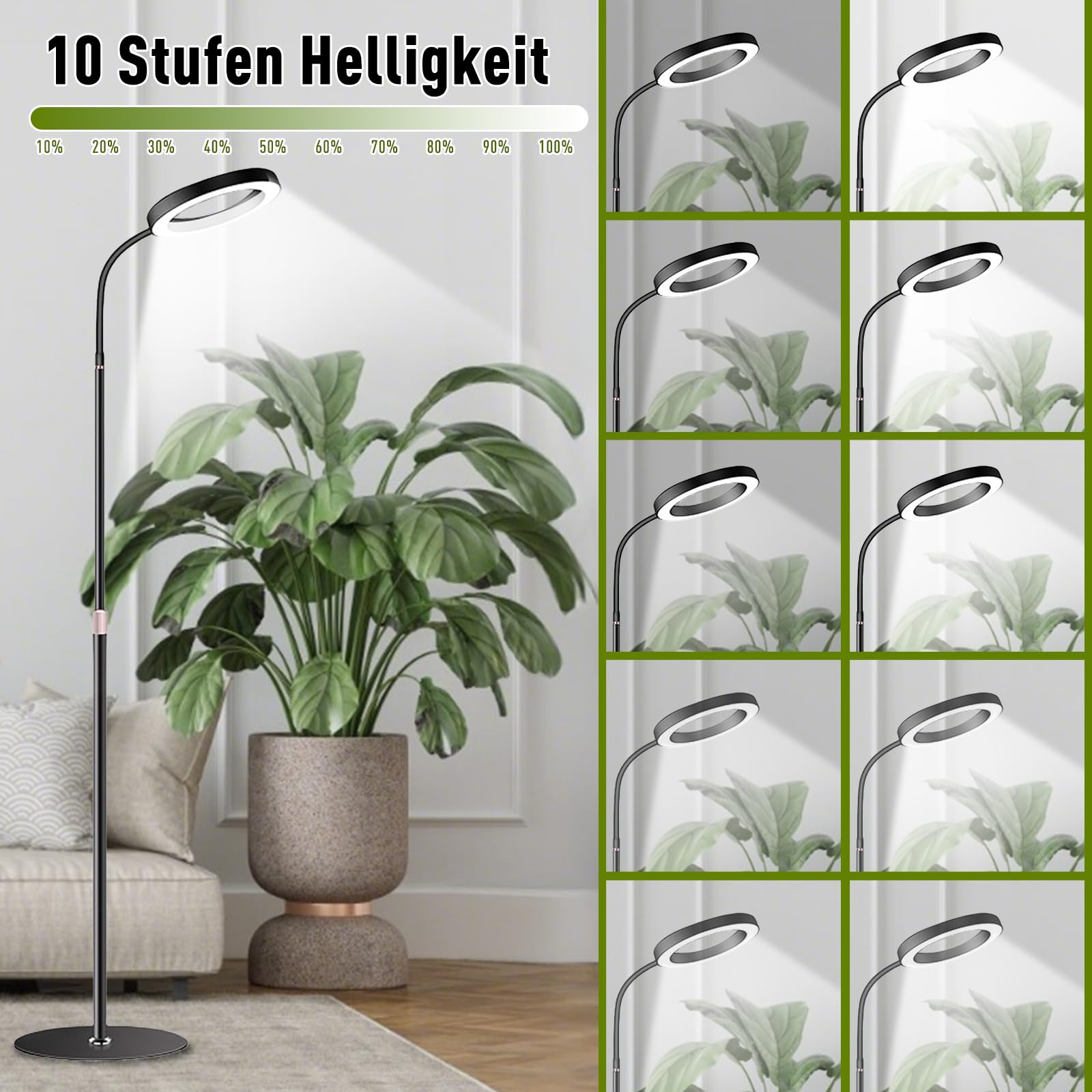 Pflanzenlampe LED Vollspektrum, Höhenverstellbar 57-170cm mit Timer 6/12/16H, 3 Lichtmodi & 10 Helligkeitsstufen, Wachstumslampe für Zimmerpflanzen, Inklusive Kabeltimer & Adapter