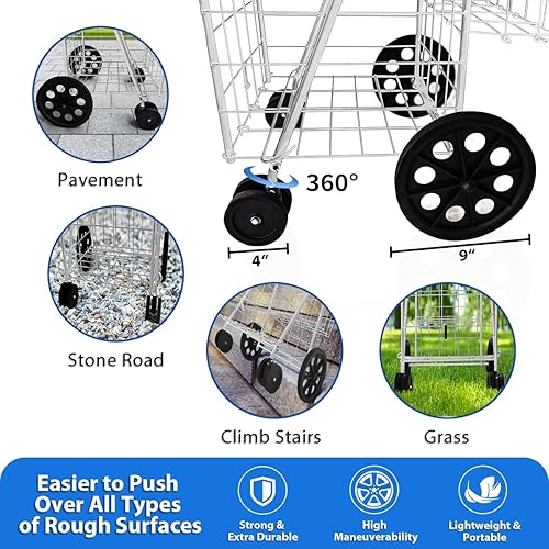 Miniatura 4 de Lifetime Home Carrito de compras mejorado con ruedas giratorias de 360 y forro impermeable para comestibles, ropa sucia de compras, plegable, ligero