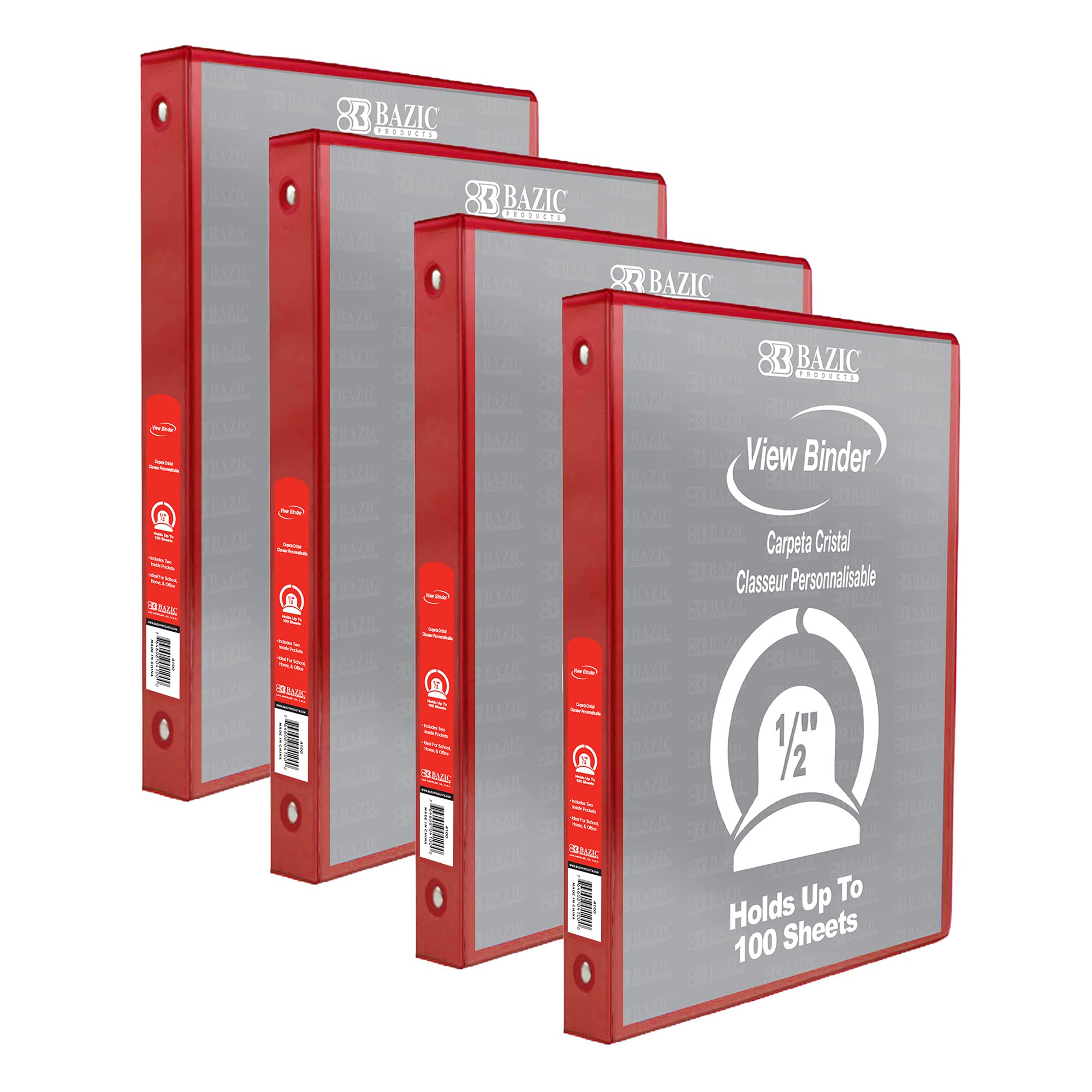 BAZIC Products 1/2 in Red 3-Ring View Binder, Round Ring, 2 Pockets, 4-Pack