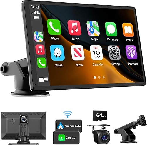 Pantalla táctil inalámbrica Carplay con cámara de tablero 4K Apple Carplay portátil y estéreo Android Auto para automóvil, receptores de audio para