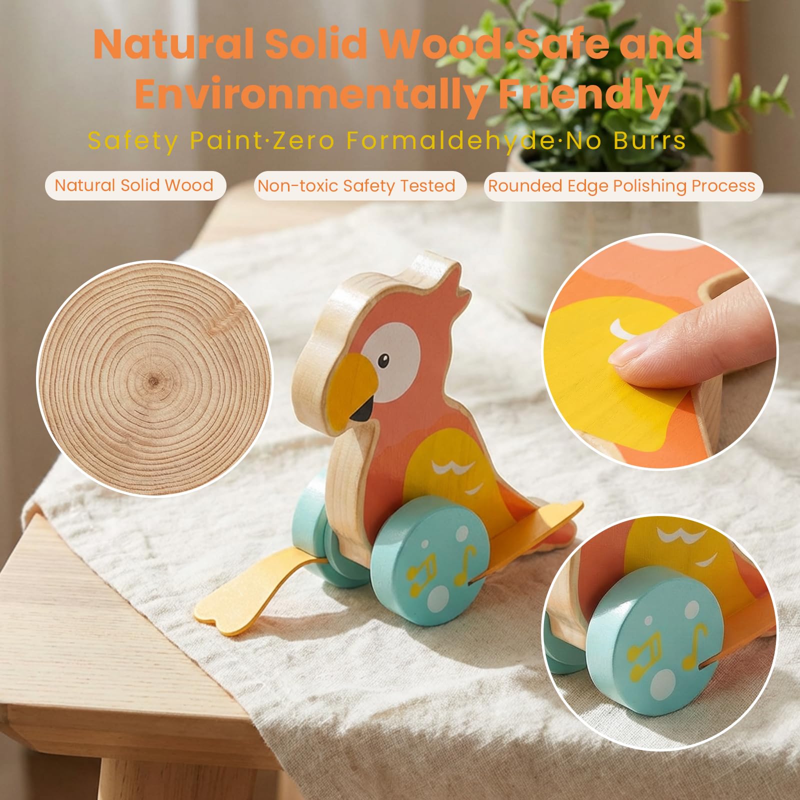 WoodenFun Push-Along Animal Wooden Walking Toy for Toddlers Push and Pull Wooden Cart for Baby Learning to Walk Montessori Toy (Parrot) - Image 2
