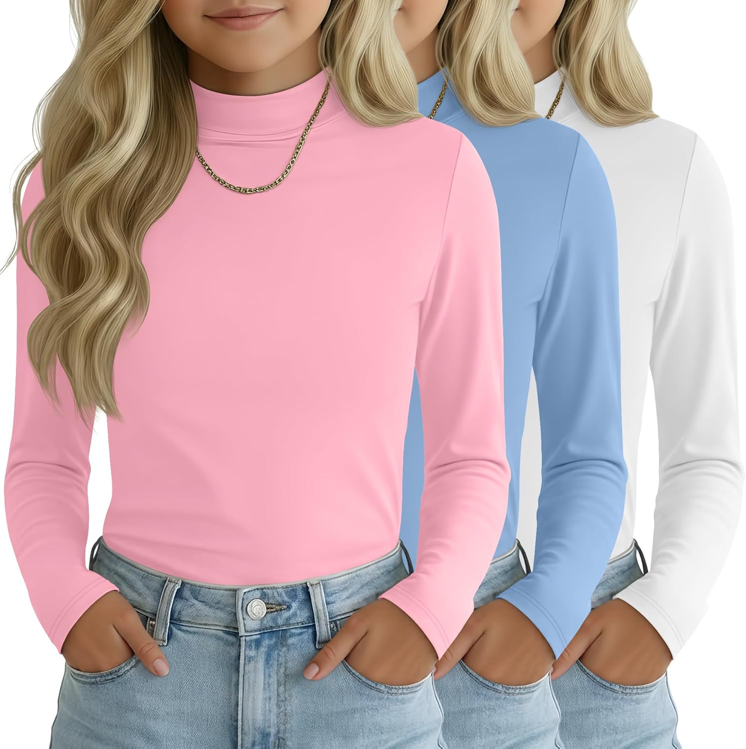 3 Pack Girls' Mock Turtleneck Tops Long Sleeve Shirts Soft Base Layer Casual Pullover Undershirt for Kids Aged 5-14