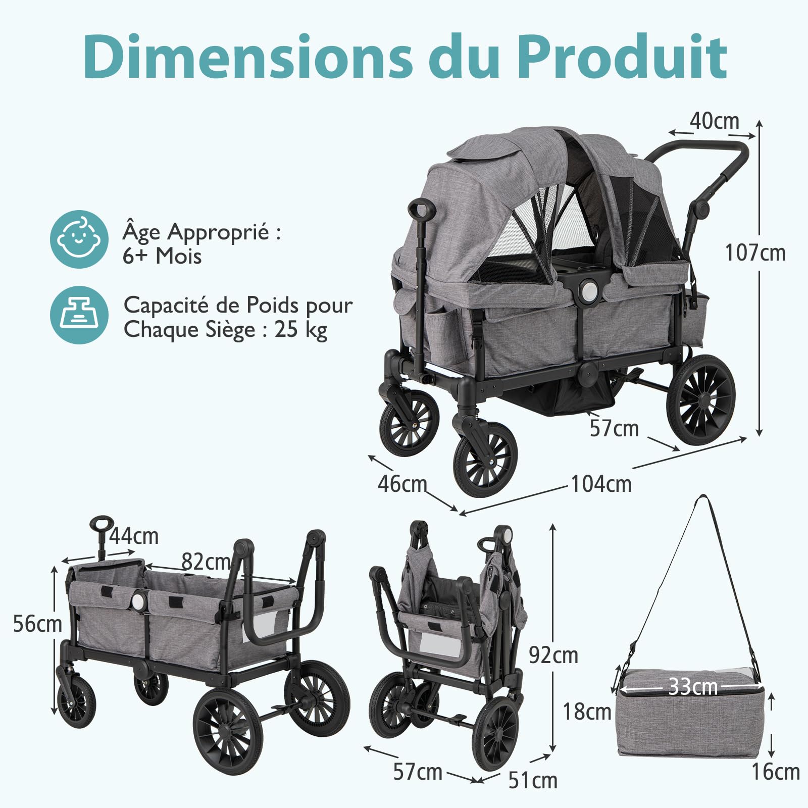 COSTWAY Poussette Tandem Double Pliable avec Auvent Amovible & Poignée Réglable, Chariot Enfant Transport avec Sac & Plateau-repas & Roue à Freins, Charge 25 kg Chacun pour 2 Bébés de 6 Mois+ (Gris)