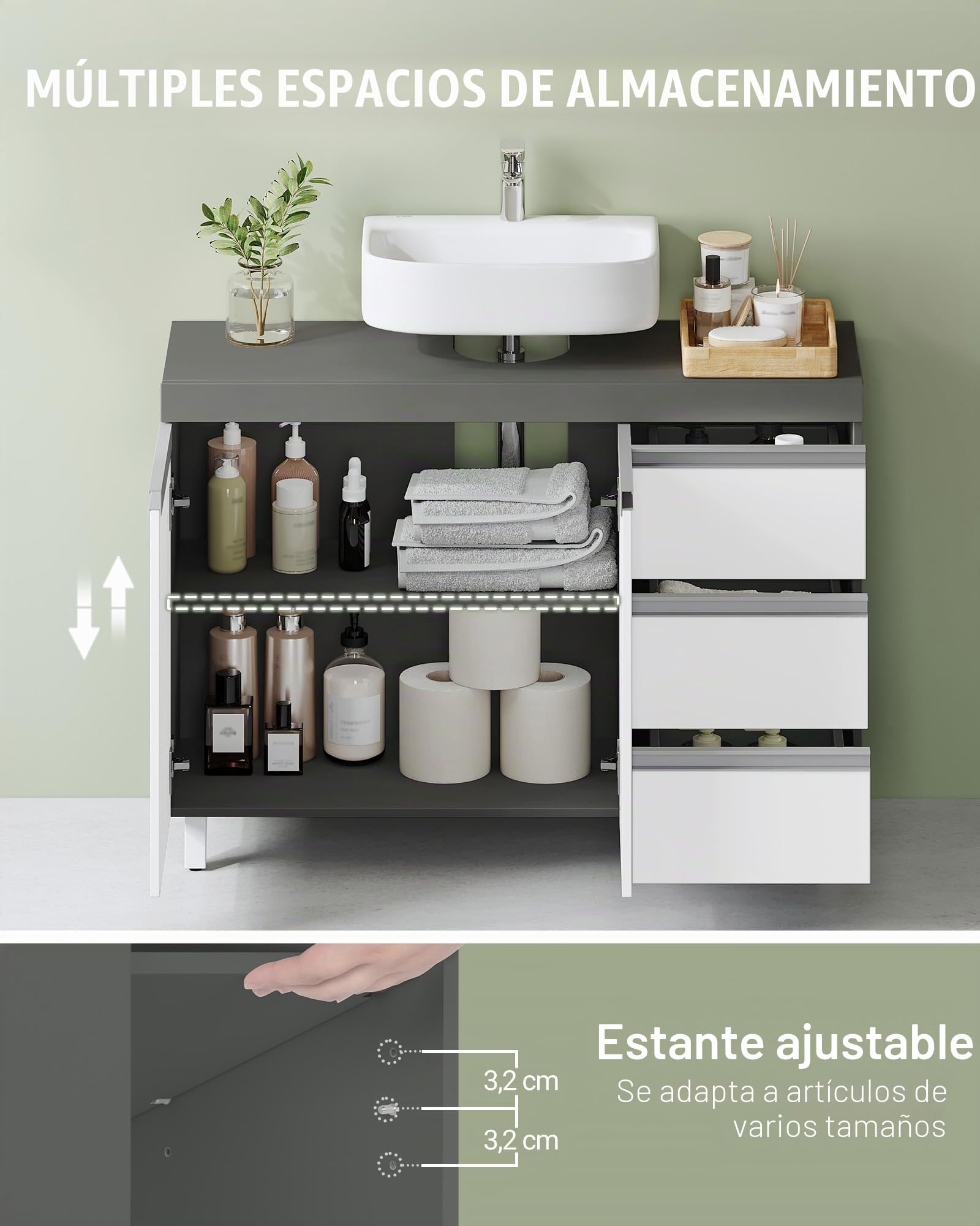 Hzuaneri Mueble Bajo Lavabo, Armario de Baño, 3 Cajones, 2 Puertas, con Pies, 30 x 90 x 64 cm, Estilo Moderno, Blanco y Gris BC29929X