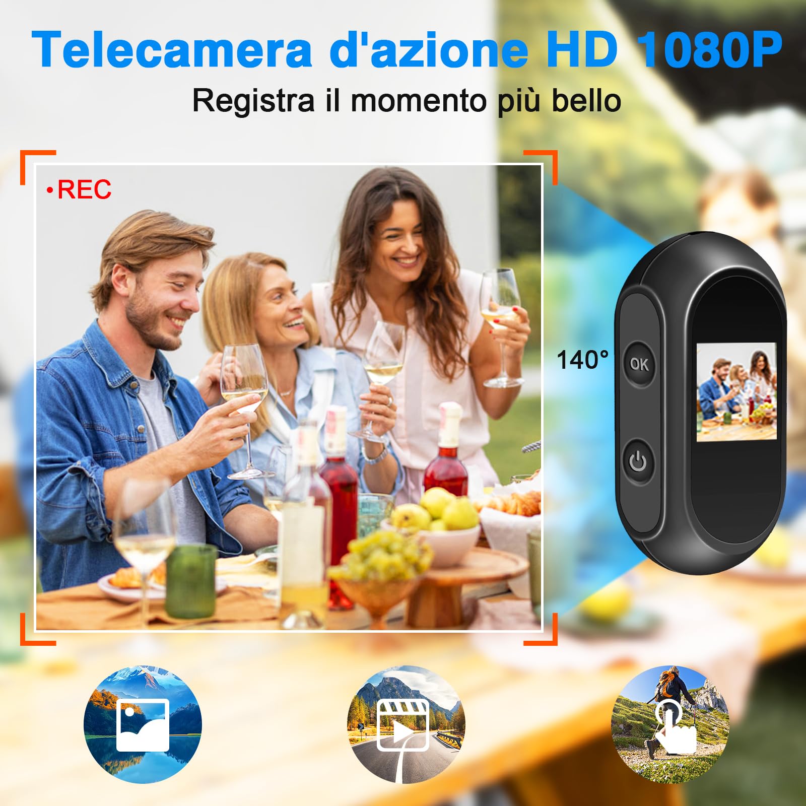 Action Camera, Mini Telecamera d'azione HD 1080P | Action Camera da Casco Sportivo a 120° con Schermo Magnetico e Display, Visione Notturna Automatica, Registrazione in Loop
