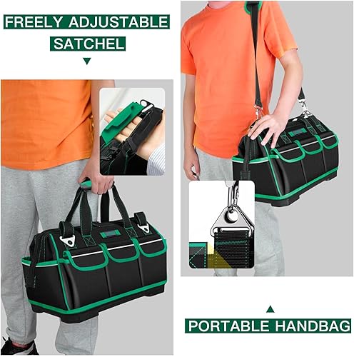Miniatura 6 de AIRAJ Bolsas de herramientas de 16 pulgadas para hombres resistentes, bolsa de almacenamiento de herramientas de boca ancha con 16 bolsillos y base