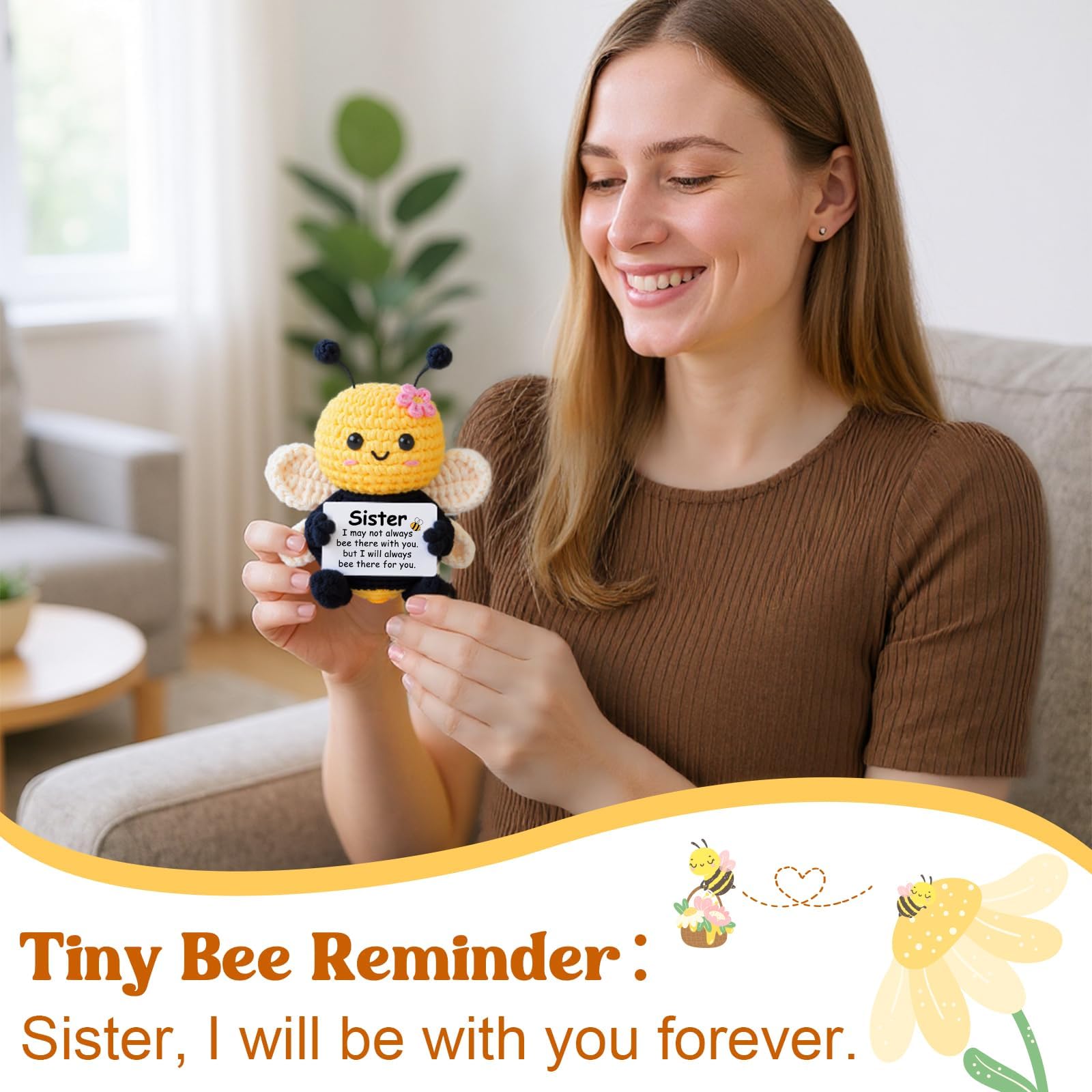 Sister Birthday Gifts, Sister Gifts from Sisters Brother, My Forever Soul Sisters Birthday Valentines Mothers Day Christmas, Mini Crochet Bee Affirmation Support Presents, Cute Handmade Knitted Decor