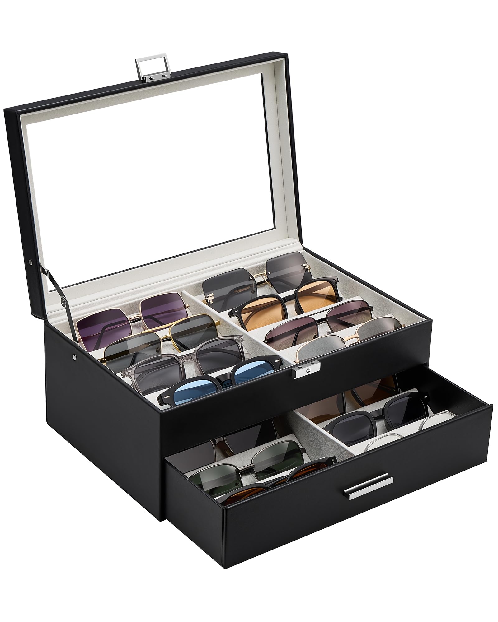 ProCase Organizer na okulary przeciwsłoneczne dla mężczyzn - etui ze skóry PU z przegródkami, szklaną pokrywą z zamkiem, nachylonymi przegrodami i miękką podszewką