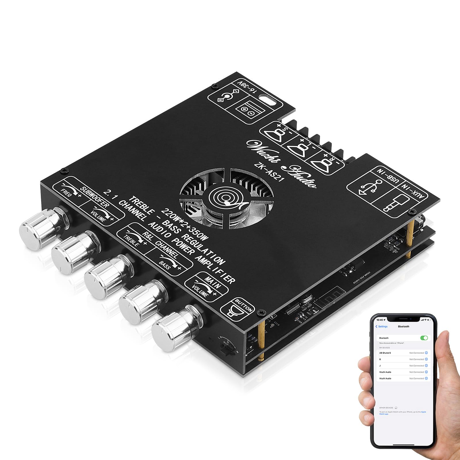 Bluetooth 5.1 Audio Amplifier Board, ZK-AS21 2.1 CH 220W x 2 + 350W HiFi Subwoofer Power Amp Mini Digital Audio Amp Module for Home Speakers(30-220W, 3-8Ohms), DC 16-38V, BT USB AUX Input