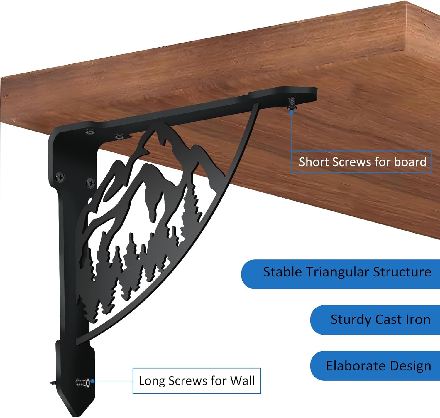 SUPERDANT 2 Pack Mountain Forests Shelf Brackets 300LB Heavy Duty Decorative Shelves Bracket Black Iron Corner Brackets for Bookshelf Mailbox Mantel Corbels Metal Brace for Kitchen 8.3x6.8in