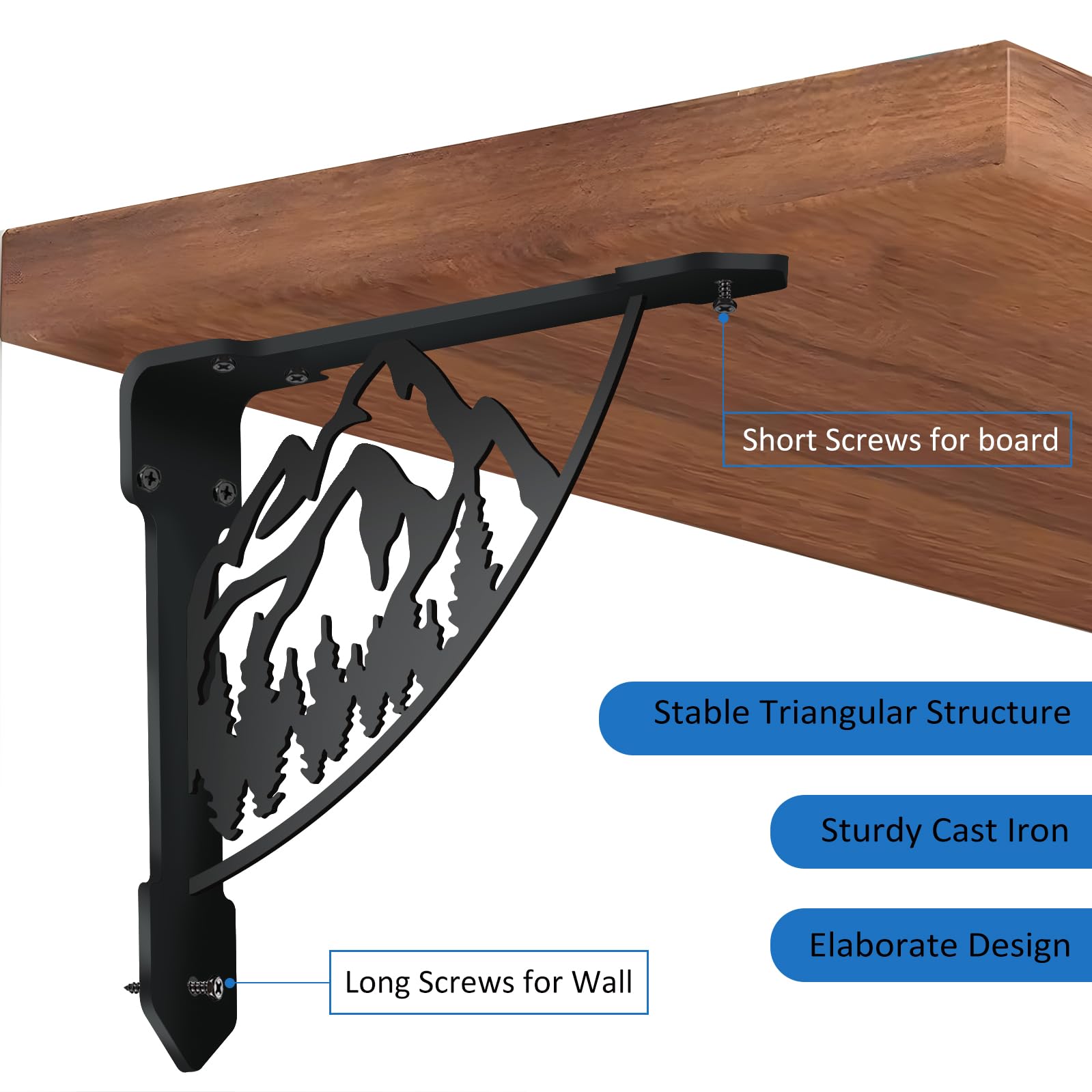 SUPERDANT 2 piezas de escuadra para estantería de pared Montaña y Bosques Escuadra de fijación robusta Soporte para estantería en hierro negro Estantería para libros y repisas de chimenea Escuadra