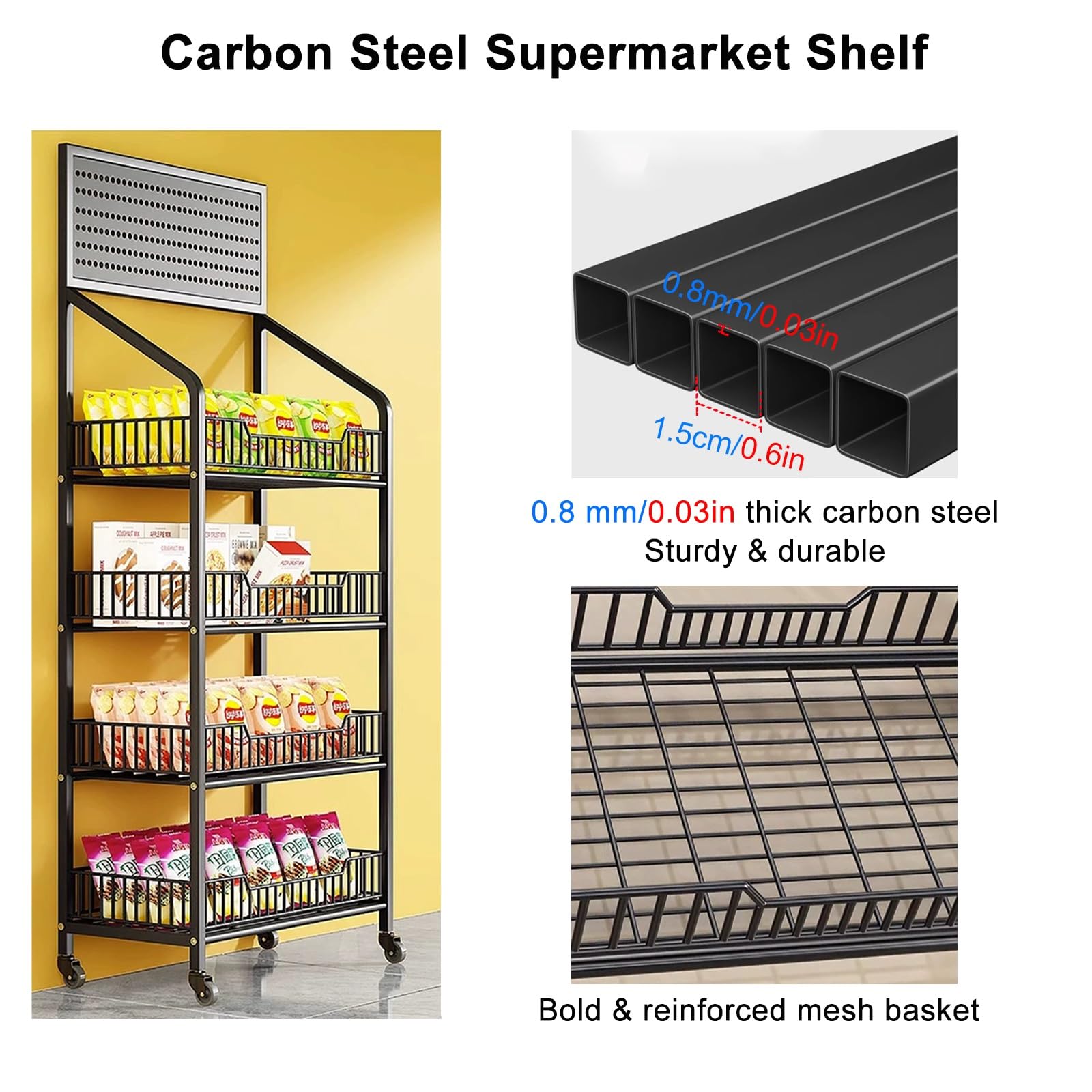 Estante de almacenamiento de alimentos, estante de 4 niveles, altura 140 cm, longitud 60 cm, ideal para organización de puestos de concesión