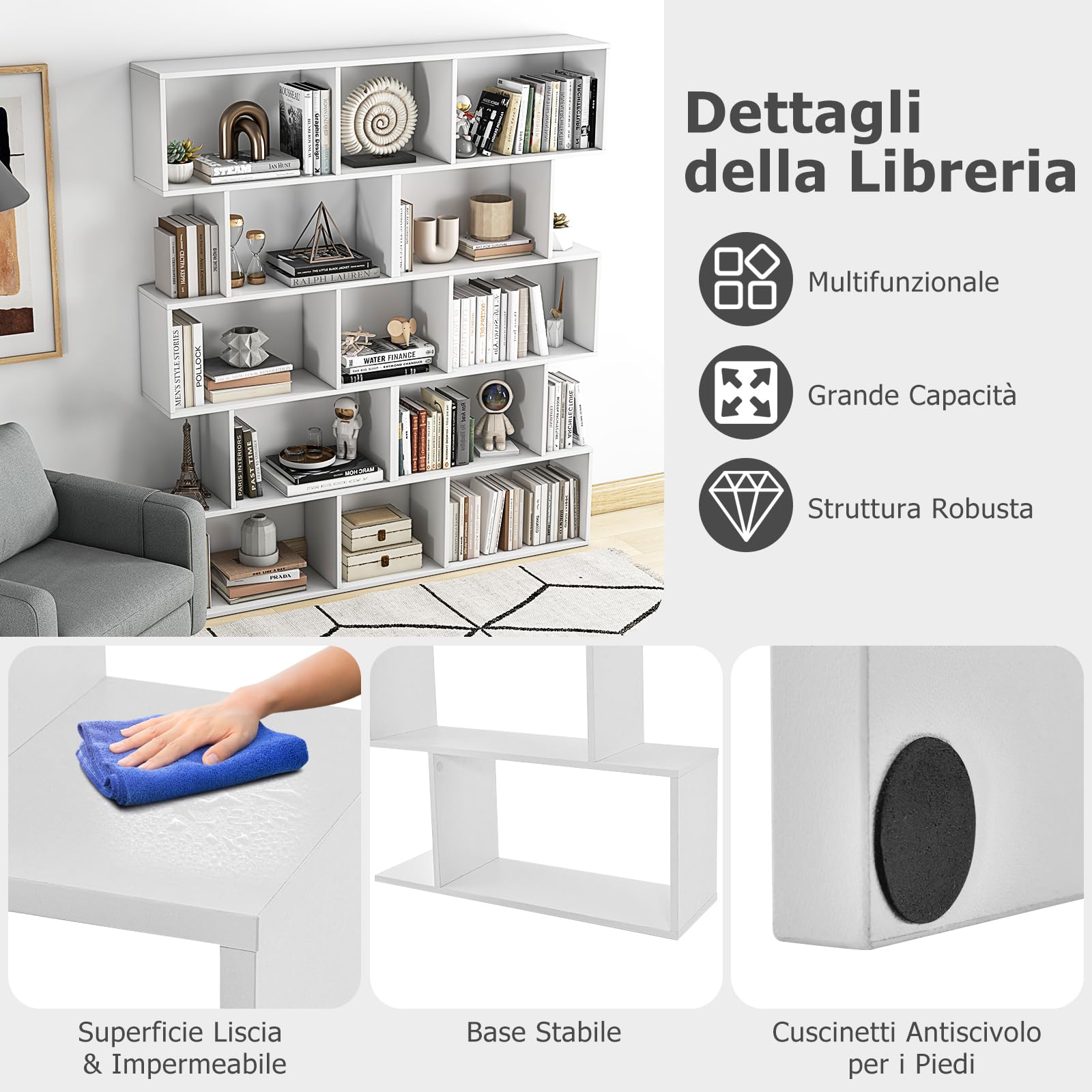 Scaffale a 5 Ripiani in Legno, Libreria Geometrica a Forma di S con Dispositivo Antiribaltamento, per Soggiorno Ufficio Camera da Letto, 70 x | Leroy Merlin