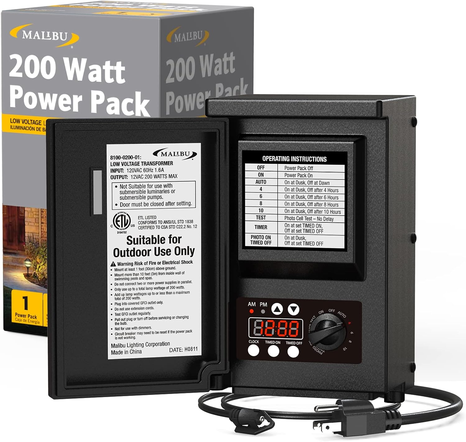 Malibu Low Voltage Landscape Transformer 200W Low Voltage Landscape Lighting Power Pack for Outdoor Spotlight Path Light Floodlight 120V to12V with Photo Sensor Timer and Weatherproof Shield