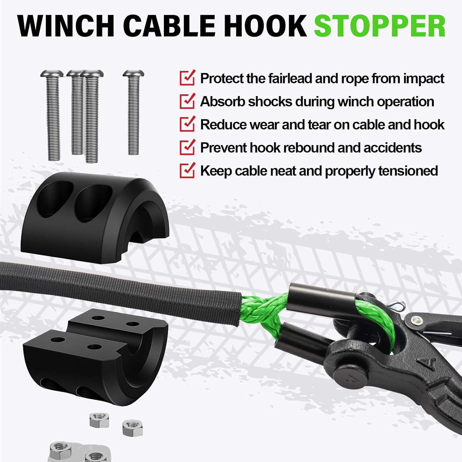Synthetic Winch Rope Kit - 1/4" x 50' 10000 lbs Kinetic Recovery Cable for ATV UTV Off-Road Vehicles with Forged Hook, Rubber Stopper, Protective Sleeve and Safety Pull Strap - Green